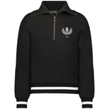 The EMB Augusta Women's Vintage Scotland Heritage Prep Pullover features a black half-zip collar, white-striped cuffs and hem, and an embroidered "1871" crest for classic style.