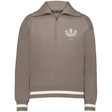 The EMB Augusta Women's Vintage Scotland Heritage Prep Pullover features taupe fabric, a gold quarter-zip, white embroidered crest and "1871" on the chest, plus white stripes on cuffs and hem—classic vintage Scotland style.