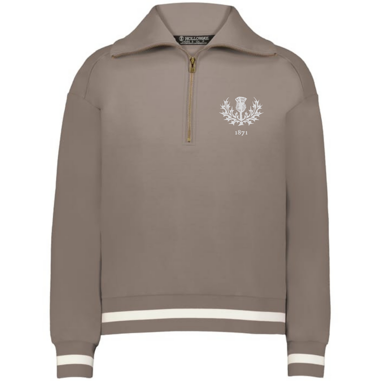 The EMB Augusta Women's Vintage Scotland Heritage Prep Pullover features taupe fabric, a gold quarter-zip, white embroidered crest and "1871" on the chest, plus white stripes on cuffs and hem—classic vintage Scotland style.
