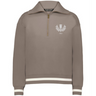 The EMB Augusta Women's Vintage Scotland Heritage Prep Pullover features taupe fabric, a gold quarter-zip, white embroidered crest and "1871" on the chest, plus white stripes on cuffs and hem—classic vintage Scotland style.