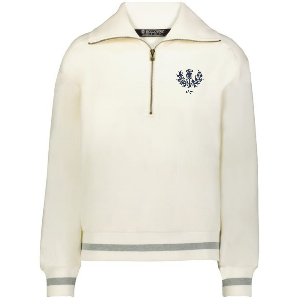 The EMB Augusta Women's Vintage Scotland Heritage Prep Pullover features a cream color, grey striped cuffs and hem, plus a blue crest with "1871" on the left chest—blending timeless prep style with classic heritage details.
