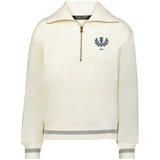 The EMB Augusta Women's Vintage Scotland Heritage Prep Pullover features a cream color, grey striped cuffs and hem, plus a blue crest with "1871" on the left chest—blending timeless prep style with classic heritage details.