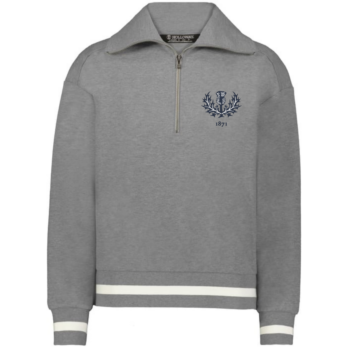 The Women's Vintage Scotland Heritage Prep Pullover by EMB Augusta is a gray quarter-zip sweatshirt with white stripe accents, a blue crest, and "1871" on the left chest.
