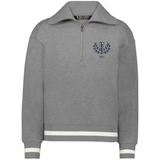 The Women's Vintage Scotland Heritage Prep Pullover by EMB Augusta is a gray quarter-zip sweatshirt with white stripe accents, a blue crest, and "1871" on the left chest.