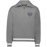 The Women's Vintage Scotland Heritage Prep Pullover by EMB Augusta is a gray quarter-zip sweatshirt with white stripe accents, a blue crest, and "1871" on the left chest.