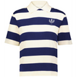 The EMB Augusta Women's Vintage Scotland Prep Street Rugby Crop showcases wide navy and white stripes, a small embroidered crest, and "1871" on the left chest for a classic prep look with modern style.