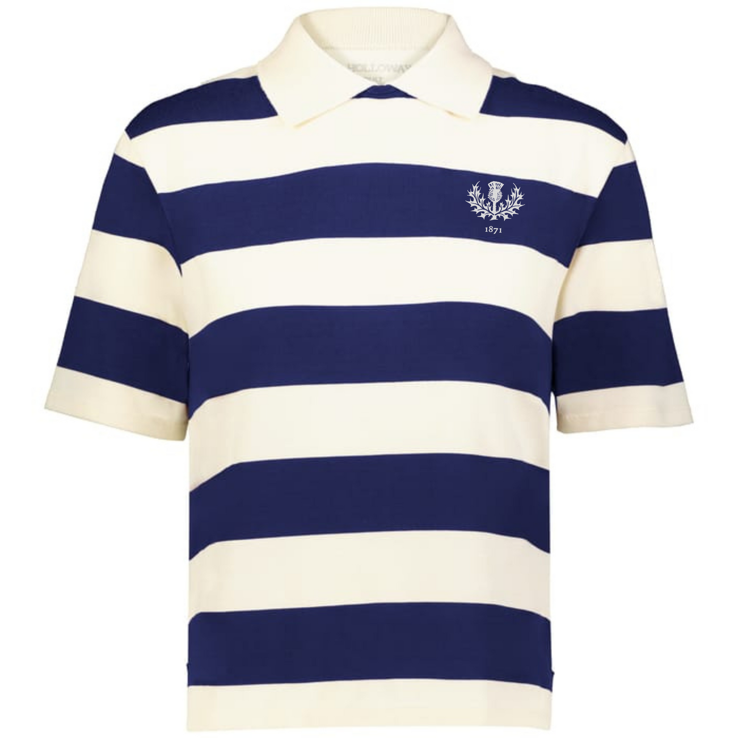The EMB Augusta Women's Vintage Scotland Prep Street Rugby Crop showcases wide navy and white stripes, a small embroidered crest, and "1871" on the left chest for a classic prep look with modern style.
