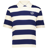 The EMB Augusta Women's Vintage Scotland Prep Street Rugby Crop showcases wide navy and white stripes, a small embroidered crest, and "1871" on the left chest for a classic prep look with modern style.