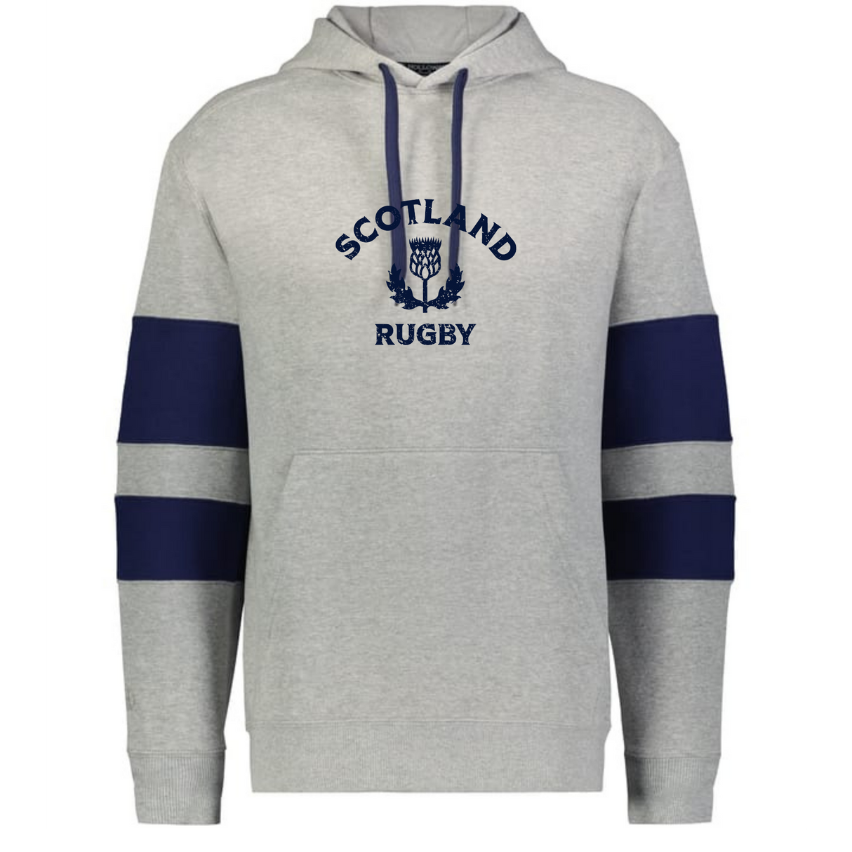 The WRS Augusta Nations of Rugby Scotland Jackson Way Hoodie is light grey with navy "SCOTLAND RUGBY" text, a thistle logo on the front, and stylish navy sleeve bands.