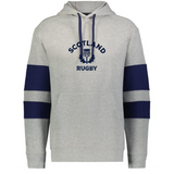 The WRS Augusta Nations of Rugby Scotland Jackson Way Hoodie is light grey with navy "SCOTLAND RUGBY" text, a thistle logo on the front, and stylish navy sleeve bands.