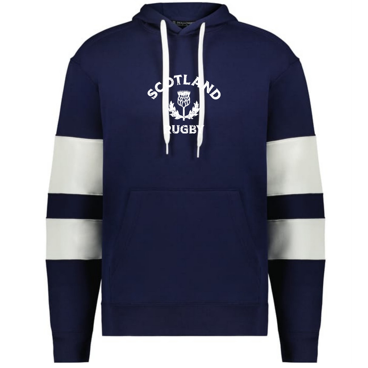The WRS Augusta Nations of Rugby Scotland Jackson Way Hoodie features a navy blue design, white drawstrings, white and navy striped sleeves, and "Scotland Rugby" with a thistle emblem on the chest.
