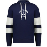 The WRS Augusta Nations of Rugby Scotland Jackson Way Hoodie features a navy blue design, white drawstrings, white and navy striped sleeves, and "Scotland Rugby" with a thistle emblem on the chest.