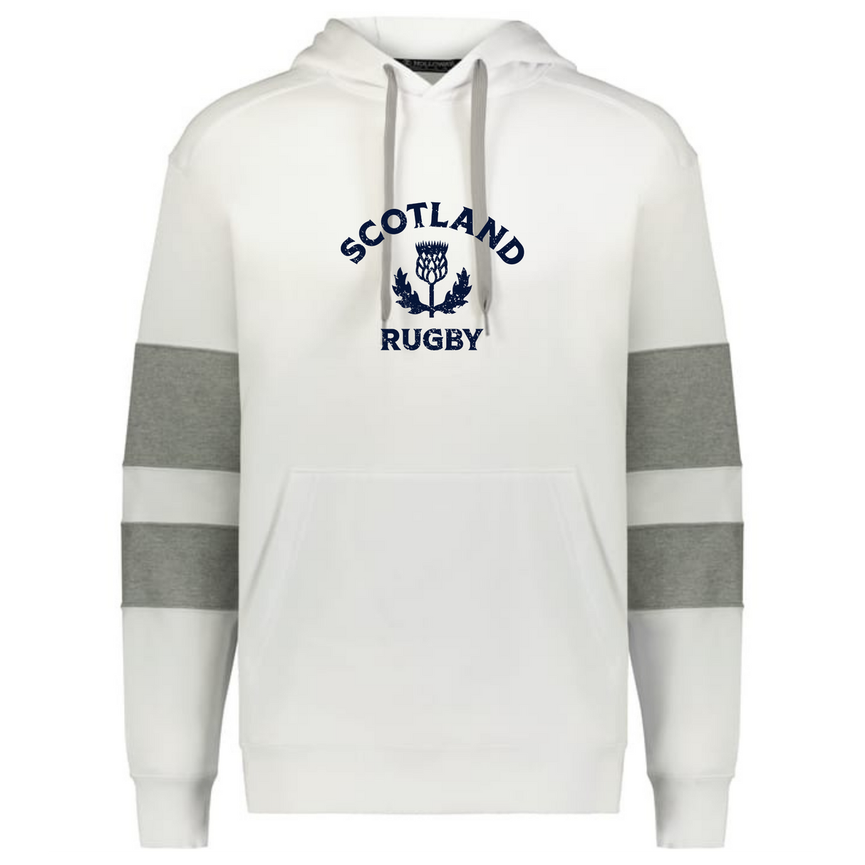 The WRS Augusta Nations of Rugby Scotland Jackson Way Hoodie features grey sleeve bands, a front pocket, cozy hood, and displays the Scotland Rugby logo with a thistle and bold navy text on the chest.