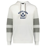 The WRS Augusta Nations of Rugby Scotland Jackson Way Hoodie features grey sleeve bands, a front pocket, cozy hood, and displays the Scotland Rugby logo with a thistle and bold navy text on the chest.