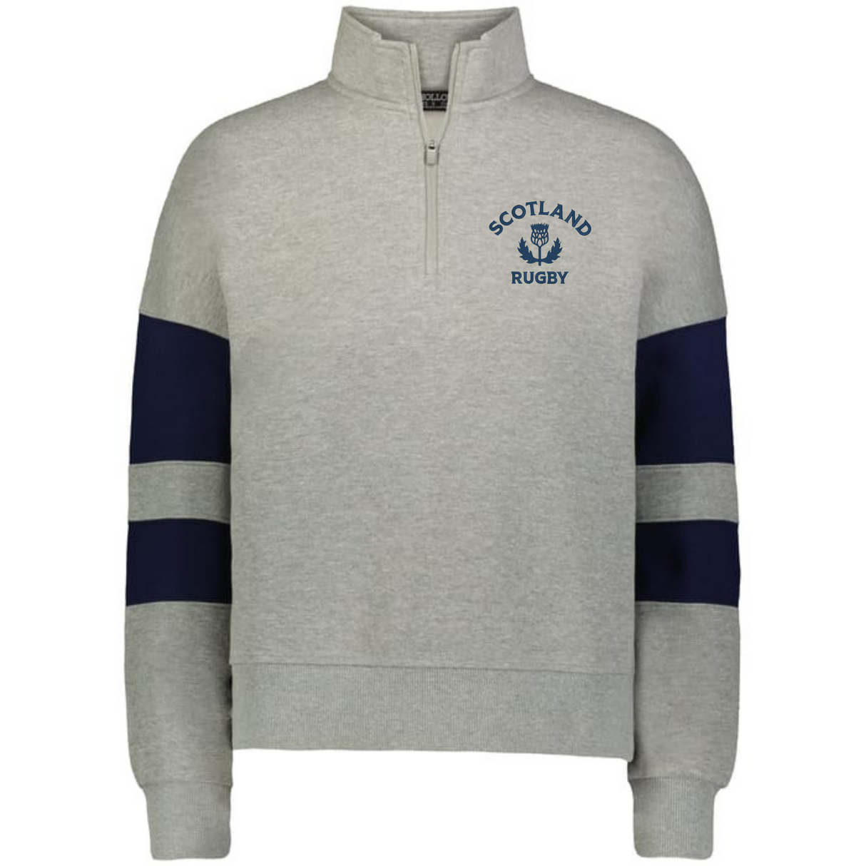 The EMB Augusta Women's Nations of Rugby Scotland Jackson Way Pullover features a light grey quarter-zip design, navy sleeve stripes, and a "Scotland Rugby" chest logo—perfect stylish apparel for women's rugby fans.