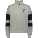 The EMB Augusta Women's Nations of Rugby Scotland Jackson Way Pullover features a light grey quarter-zip design, navy sleeve stripes, and a "Scotland Rugby" chest logo—perfect stylish apparel for women's rugby fans.