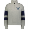 The EMB Augusta Women's Nations of Rugby Scotland Jackson Way Pullover features a light grey quarter-zip design, navy sleeve stripes, and a "Scotland Rugby" chest logo—perfect stylish apparel for women's rugby fans.