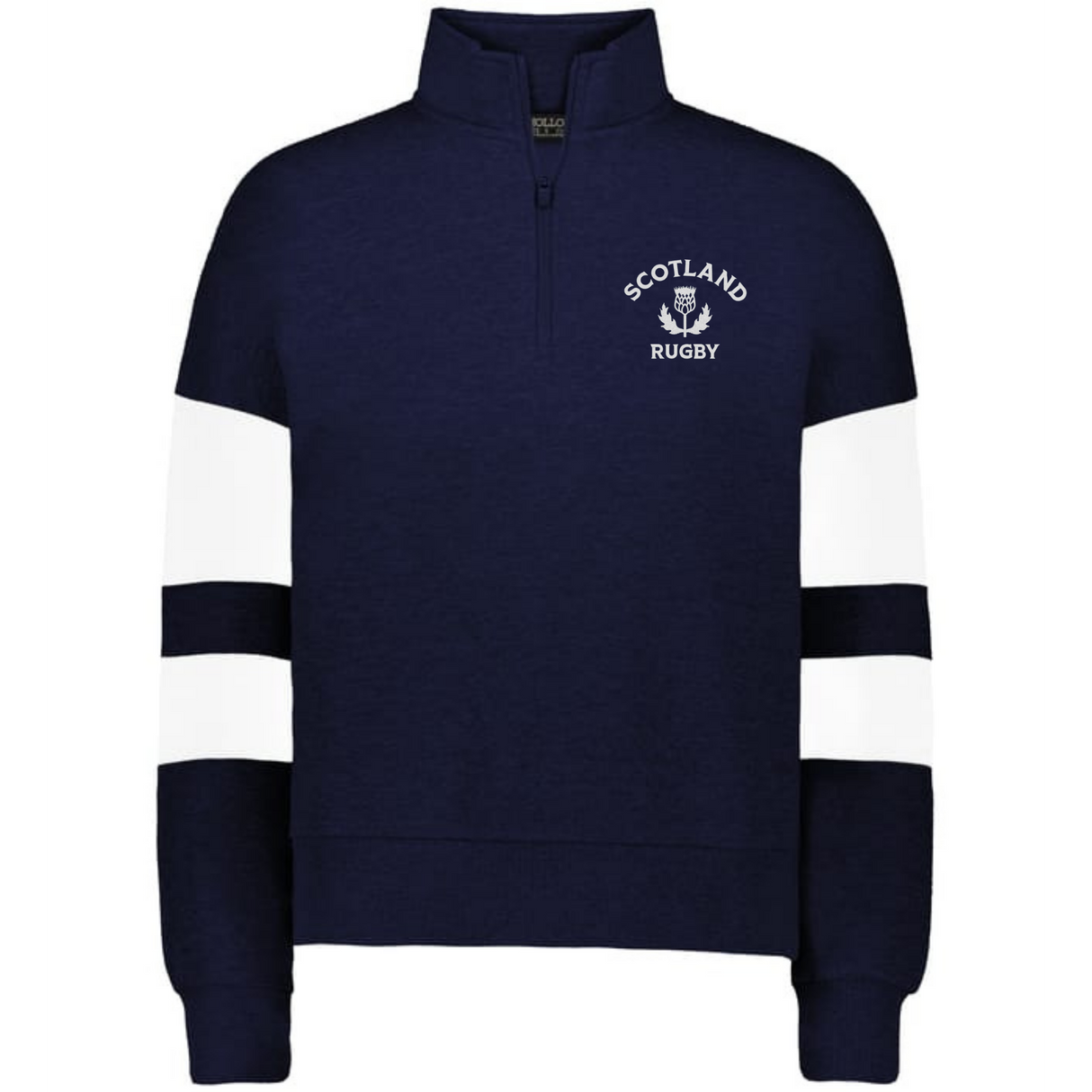 The EMB Augusta Women's Nations of Rugby Scotland Jackson Way Pullover features white sleeve stripes and a "Scotland Rugby" chest logo—ideal for women's rugby fans.