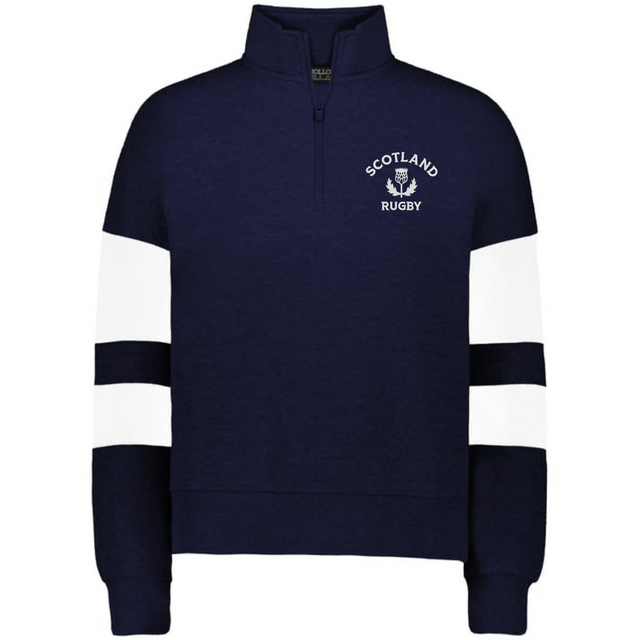 The EMB Augusta Women's Nations of Rugby Scotland Jackson Way Pullover features white sleeve stripes and a "Scotland Rugby" chest logo—ideal for women's rugby fans.
