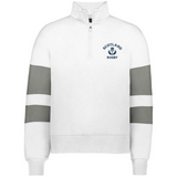 The EMB Augusta Women's Nations of Rugby Scotland Jackson Way Pullover is a white top with grey sleeve stripes and a "Scotland Rugby" logo on the left chest, ideal for fans of women’s rugby apparel.
