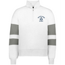 The EMB Augusta Women's Nations of Rugby Scotland Jackson Way Pullover is a white top with grey sleeve stripes and a "Scotland Rugby" logo on the left chest, ideal for fans of women’s rugby apparel.