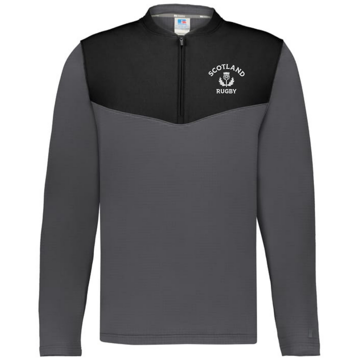 The EMB Augusta Nations of Rugby Scotland Sideline Grid 1/4 Zip Pullover is a gray and black long-sleeve shirt with a "Scotland Rugby" logo and thistle emblem—ideal apparel for any rugby supporter.