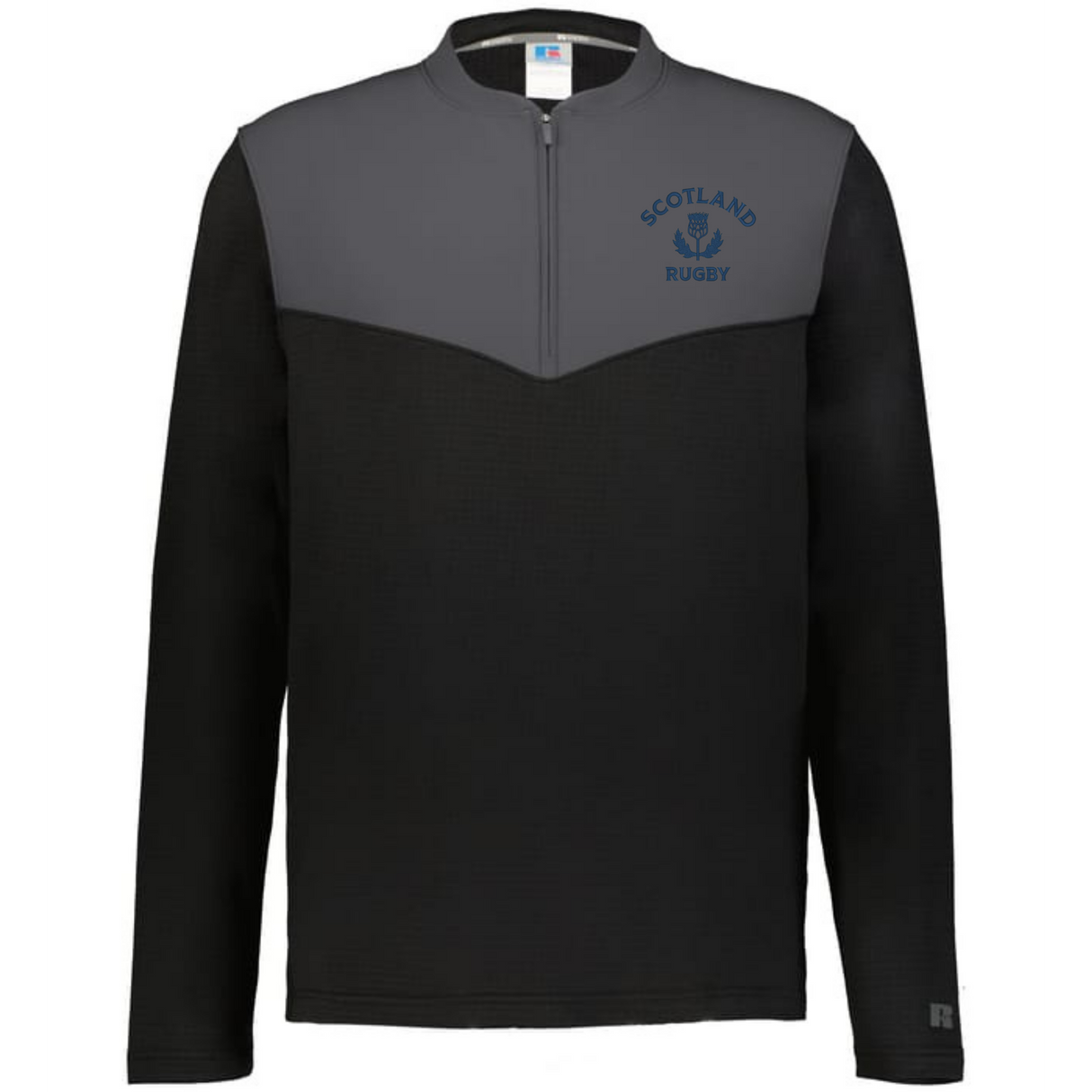 The EMB Augusta Nations of Rugby Scotland Sideline Grid 1/4 Zip Pullover features a black body, gray yoke, quarter-zip collar, and "Scotland Rugby" chest logo—perfect for any rugby fan's apparel collection.