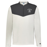 The EMB Augusta Nations of Rugby Scotland Sideline Grid 1/4 Zip Pullover boasts long sleeves, a white and dark gray design, and a chest "Scotland Rugby" logo—ideal for rugby supporters.