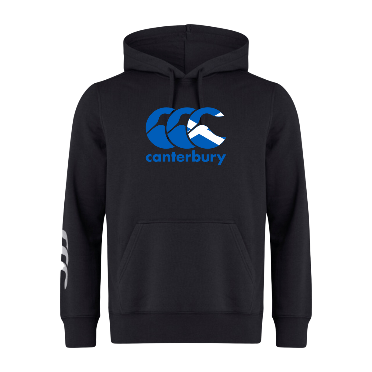 The Canterbury Scotland CCC Flag Club Hoodie by WRS Canterbury is crafted from premium sweatshirt fleece, featuring a blue and white "Canterbury" logo on the chest and a white design on the right sleeve.