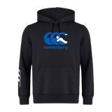 The Canterbury Scotland CCC Flag Club Hoodie by WRS Canterbury is crafted from premium sweatshirt fleece, featuring a blue and white "Canterbury" logo on the chest and a white design on the right sleeve.