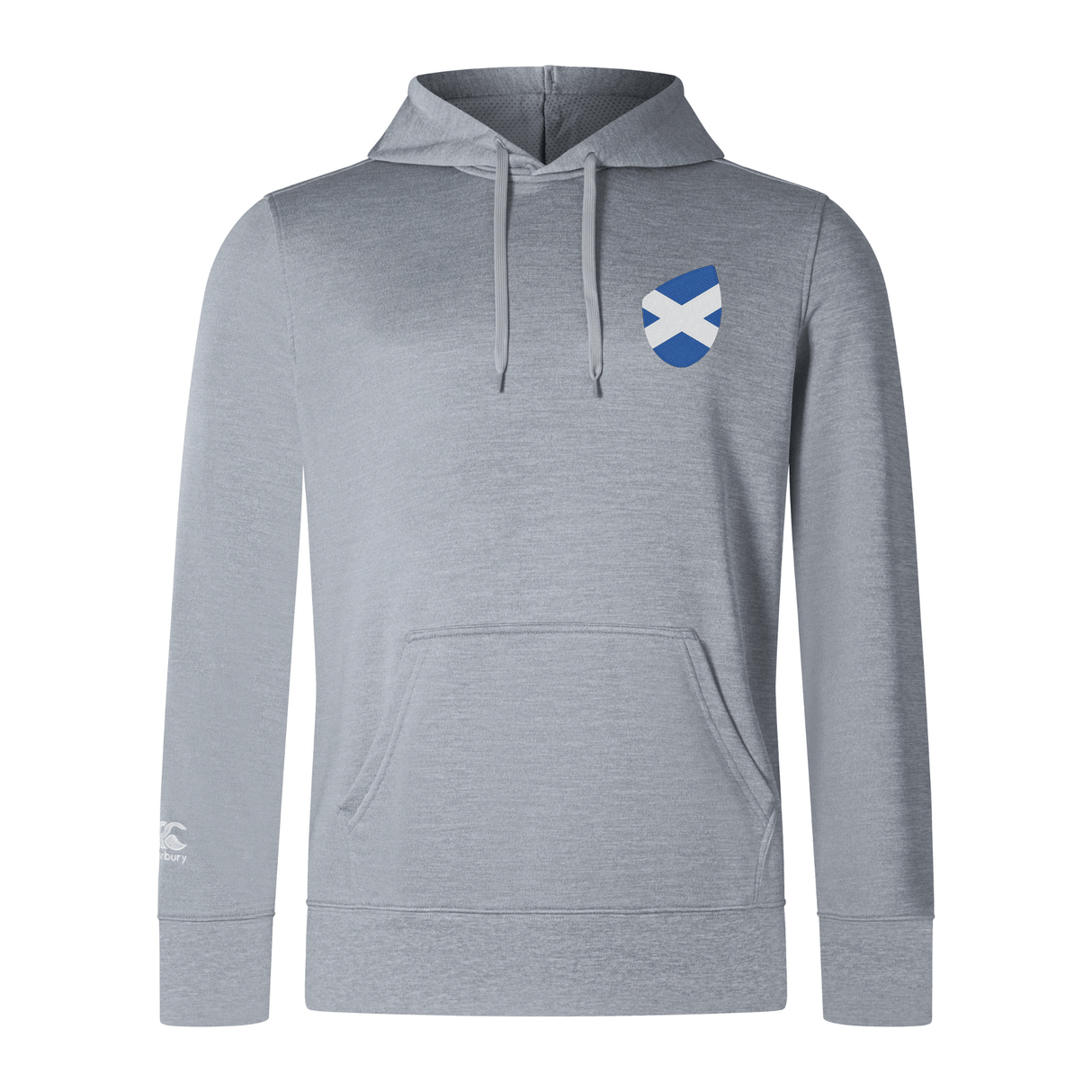 The EMB Canterbury Scotland Shield Club Lightweight Hoodie in gray features a chest emblem, drawstring hood, and front pocket, ideal for rugby fans.
