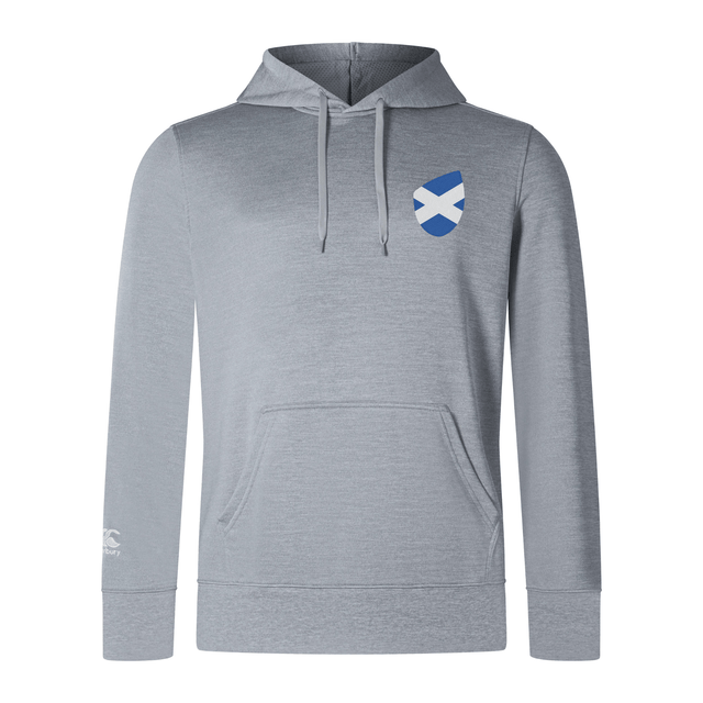 The EMB Canterbury Scotland Shield Club Lightweight Hoodie in gray features a chest emblem, drawstring hood, and front pocket, ideal for rugby fans.