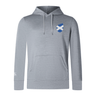 The EMB Canterbury Scotland Shield Club Lightweight Hoodie in gray features a chest emblem, drawstring hood, and front pocket, ideal for rugby fans.