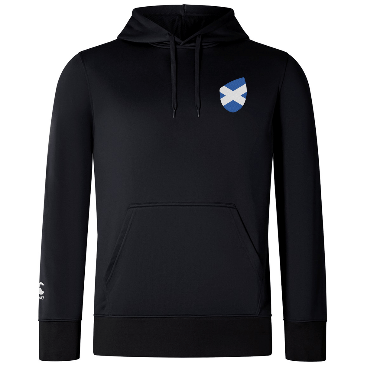 The EMB Canterbury Scotland Shield Club Lightweight Hoodie is a stylish black hoodie with a front pocket and drawstrings, featuring a small Scottish flag emblem on the chest. Ideal for rugby supporters, it combines style and comfort effortlessly.