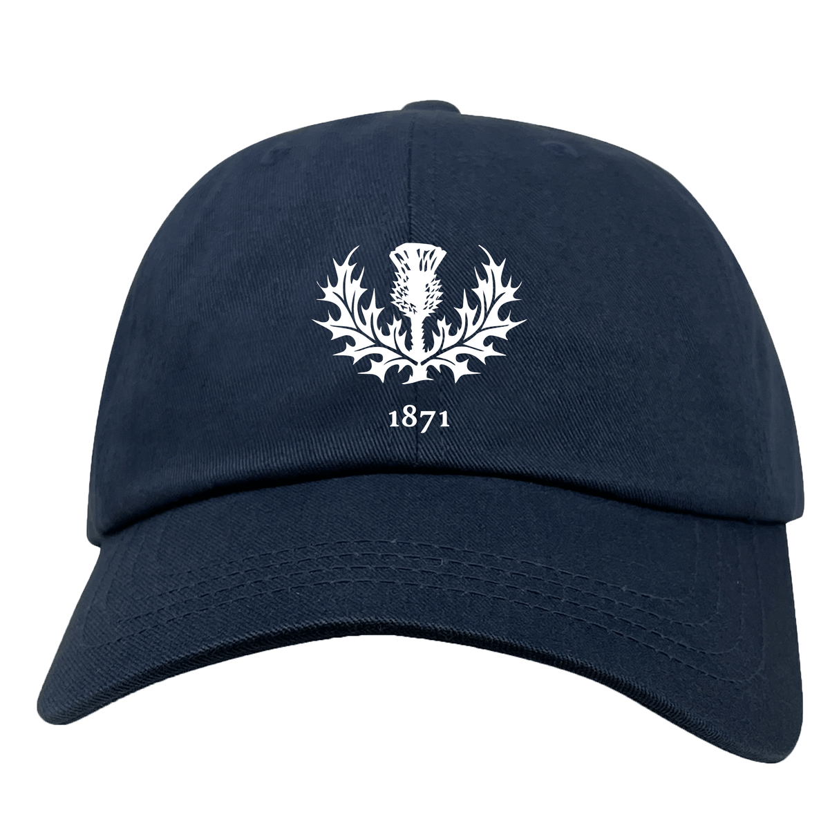 The Nations of Rugby Scotland Vintage Dad Cap by EMB S&S Activewear features navy blue fabric, a white thistle emblem, and "1871" embroidered on the front—an ideal classic for any Rugby Nation supporter.