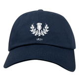 The Nations of Rugby Scotland Vintage Dad Cap by EMB S&S Activewear features navy blue fabric, a white thistle emblem, and "1871" embroidered on the front—an ideal classic for any Rugby Nation supporter.
