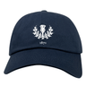 The Nations of Rugby Scotland Vintage Dad Cap by EMB S&S Activewear features navy blue fabric, a white thistle emblem, and "1871" embroidered on the front—an ideal classic for any Rugby Nation supporter.