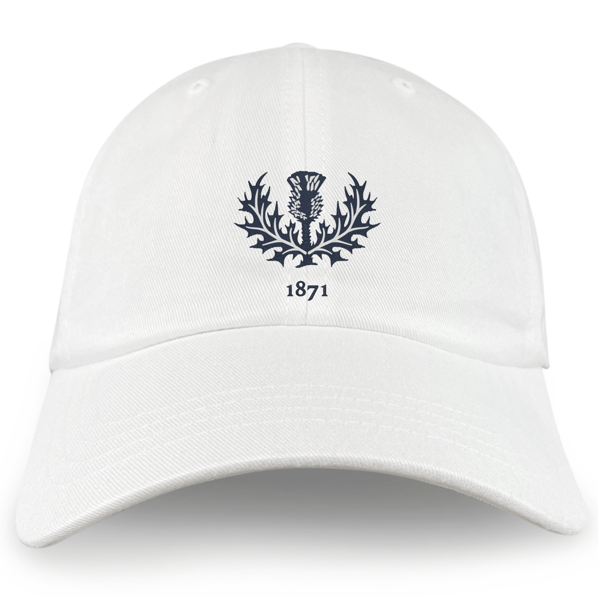 The Nations of Rugby Scotland Vintage Dad Cap by EMB S&S Activewear is a white hat featuring an embroidered dark thistle and leaves emblem above "1871" on the front for a classic vintage look.