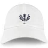 The Nations of Rugby Scotland Vintage Dad Cap by EMB S&S Activewear is a white hat featuring an embroidered dark thistle and leaves emblem above "1871" on the front for a classic vintage look.