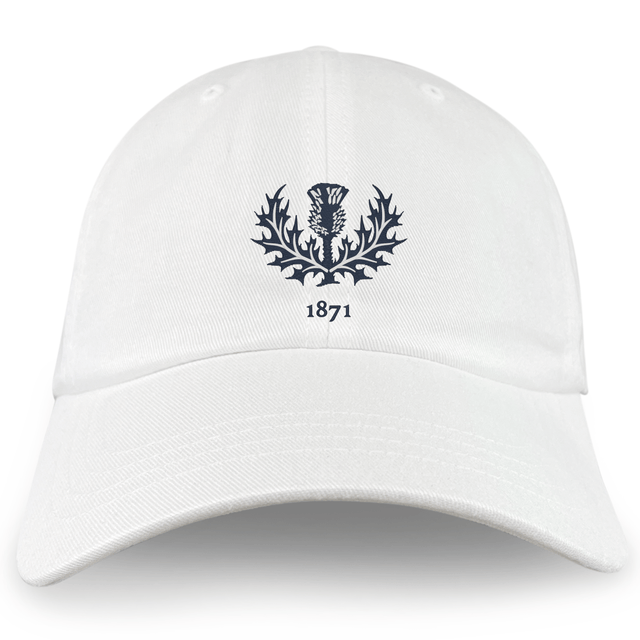 The Nations of Rugby Scotland Vintage Dad Cap by EMB S&S Activewear is a white hat featuring an embroidered dark thistle and leaves emblem above "1871" on the front for a classic vintage look.