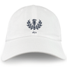 The Nations of Rugby Scotland Vintage Dad Cap by EMB S&S Activewear is a white hat featuring an embroidered dark thistle and leaves emblem above "1871" on the front for a classic vintage look.