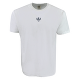 The Scotland Vintage Comfort Tee by EMB S&S Activewear is a plain white short-sleeved shirt with a small navy blue embroidered laurel wreath and "SPT" logo on the chest, inspired by classic Scottish vintage style.