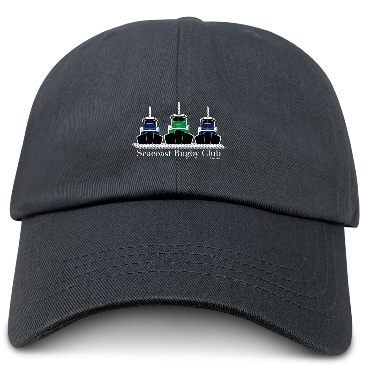The Seacoast Rugby Club Adult Low-Profile Cotton Twill Dad Cap by EMB S&S Activewear features three boat icons and "Seacoast Rugby Club" embroidered on the front.