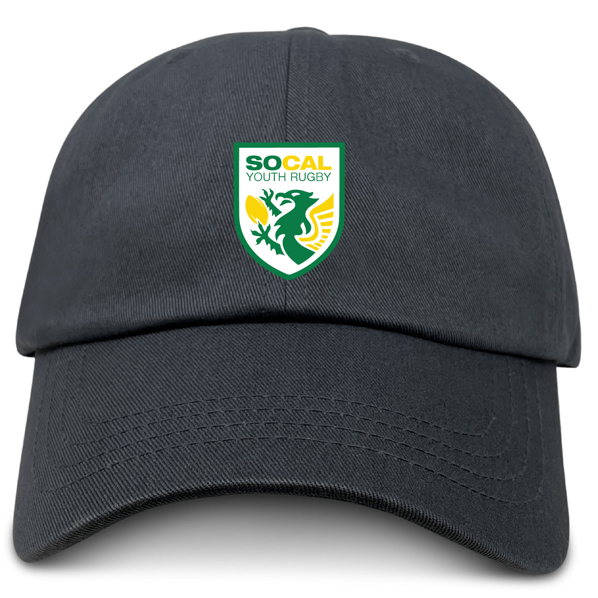 The EMB S&S Activewear SoCal Youth Rugby Adult Low-Profile Cotton Twill Dad Cap is black with a green dragon and yellow accents logo, featuring embroidered team branding on the front.