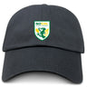 The EMB S&S Activewear SoCal Youth Rugby Adult Low-Profile Cotton Twill Dad Cap is black with a green dragon and yellow accents logo, featuring embroidered team branding on the front.