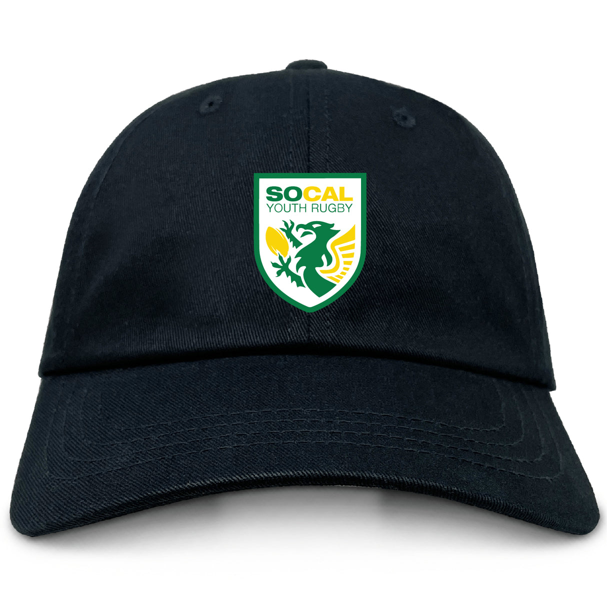 The EMB S&S Activewear SoCal Youth Rugby Adult Low-Profile Cotton Twill Dad Cap features a black cotton twill build and an embroidered green, yellow, and white SoCal Youth Rugby logo on the front.