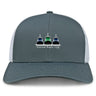 The Seacoast Rugby Club Retro Trucker Cap by EMB S&S Activewear features a gray and white design with mesh back, snapback closure, colorful tugboats, and "Seacoast Rugby Club" embroidered on the front.