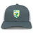 The SoCal Youth Referees Retro Trucker Cap by EMB S&S Activewear is a gray and white cap with an embroidered green and yellow dragon logo on the front and a snapback closure.