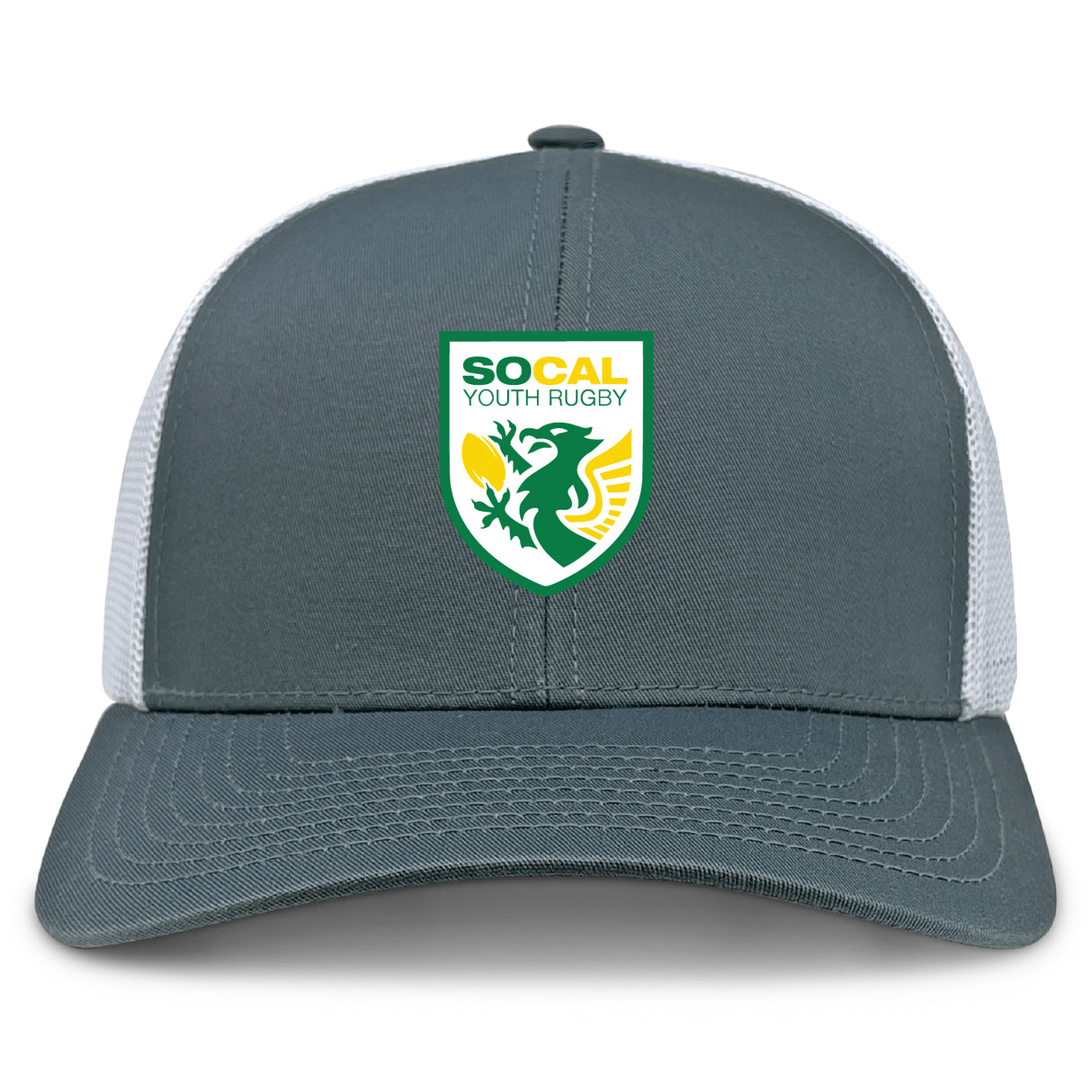 The SoCal Youth Referees Retro Trucker Cap by EMB S&S Activewear is a gray and white cap with an embroidered green and yellow dragon logo on the front and a snapback closure.