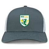The SoCal Youth Referees Retro Trucker Cap by EMB S&S Activewear is a gray and white cap with an embroidered green and yellow dragon logo on the front and a snapback closure.